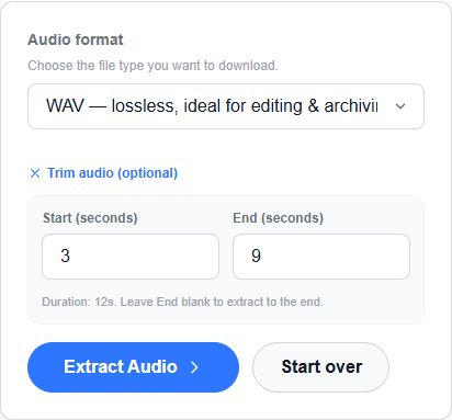 Audio extraction settings with Start 3, End 9, and WAV selected