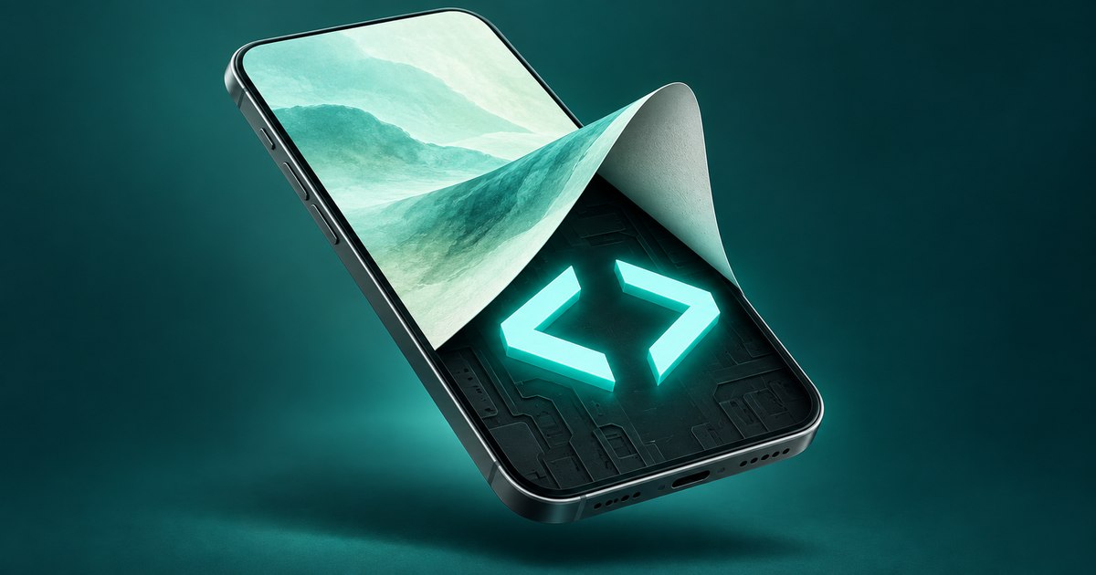 A smartphone screen peeling back to reveal HTML angle brackets
