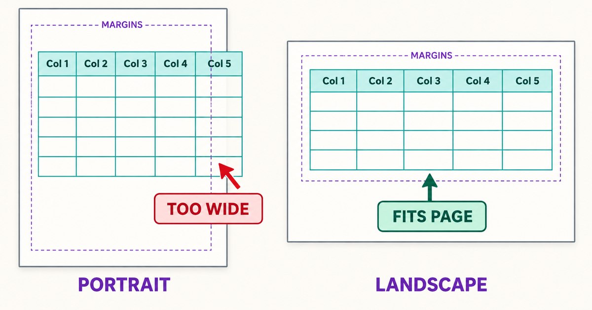 Portrait table exceeding its printable margin beside a landscape table that fits