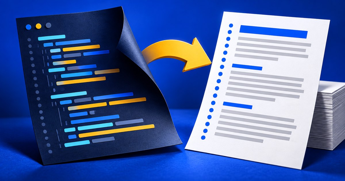 An indented source-code sheet becoming a numbered PDF listing