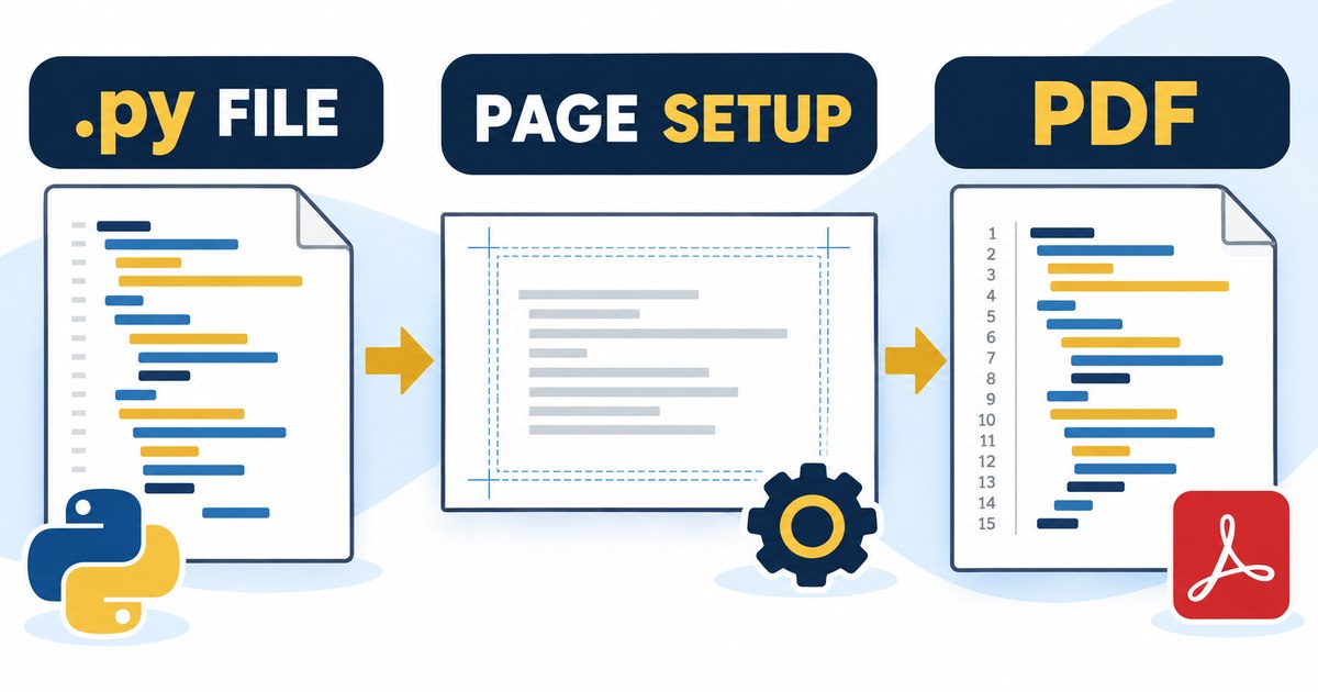 Python source file moves through page setup into a numbered PDF listing