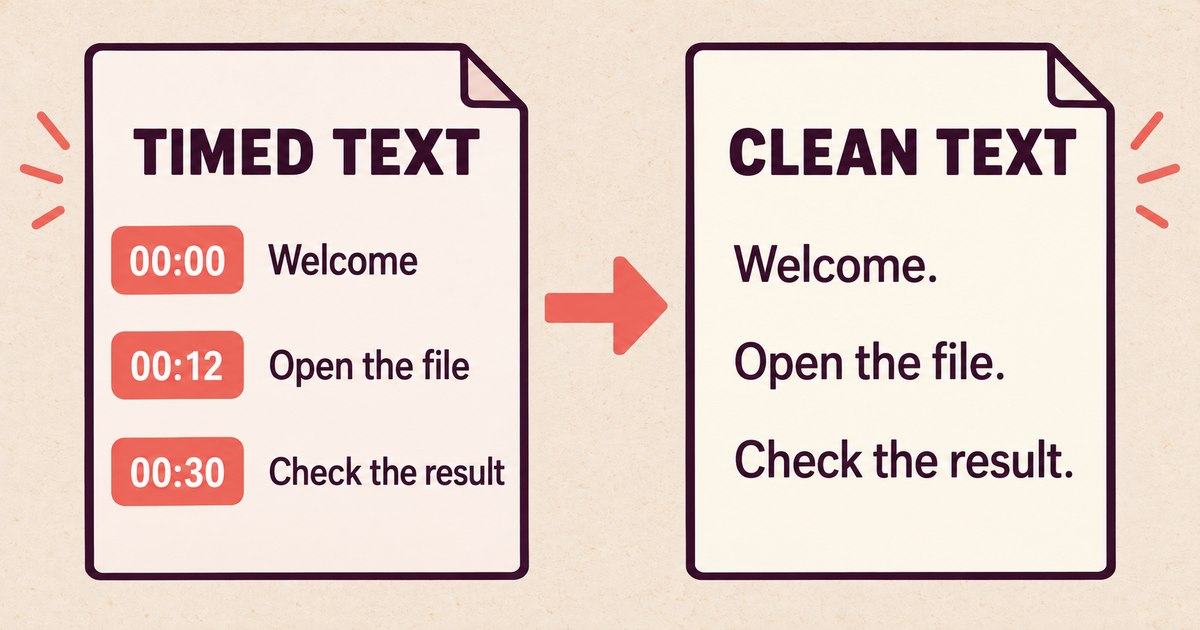 Illustrative timed transcript beside cleaned sentences with the timestamps removed