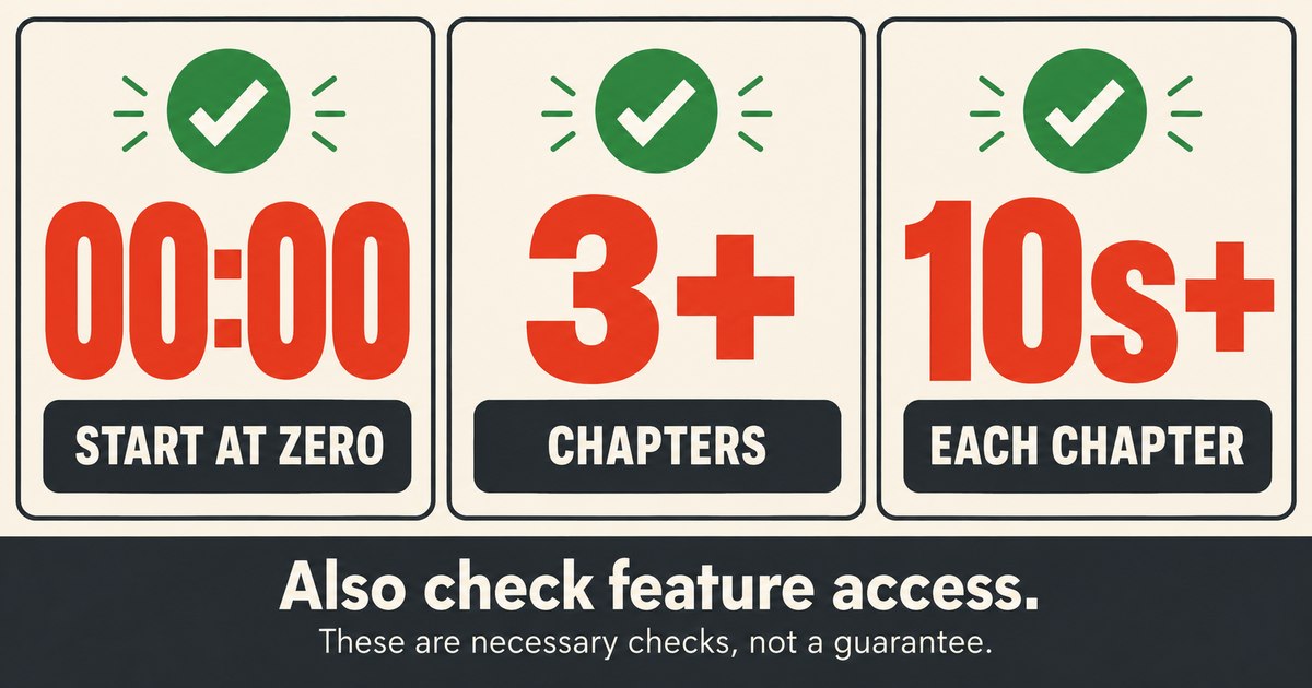 Chapter checklist showing a zero start, at least three chapters, and ten seconds per chapter, with a reminder to check feature access