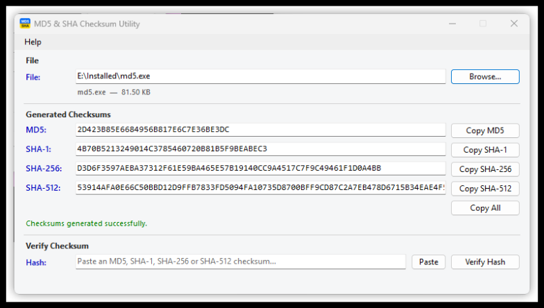 MD5 and SHA Checksum Utility generating MD5, SHA-1, SHA-256, and SHA-512 hashes for a selected Windows file