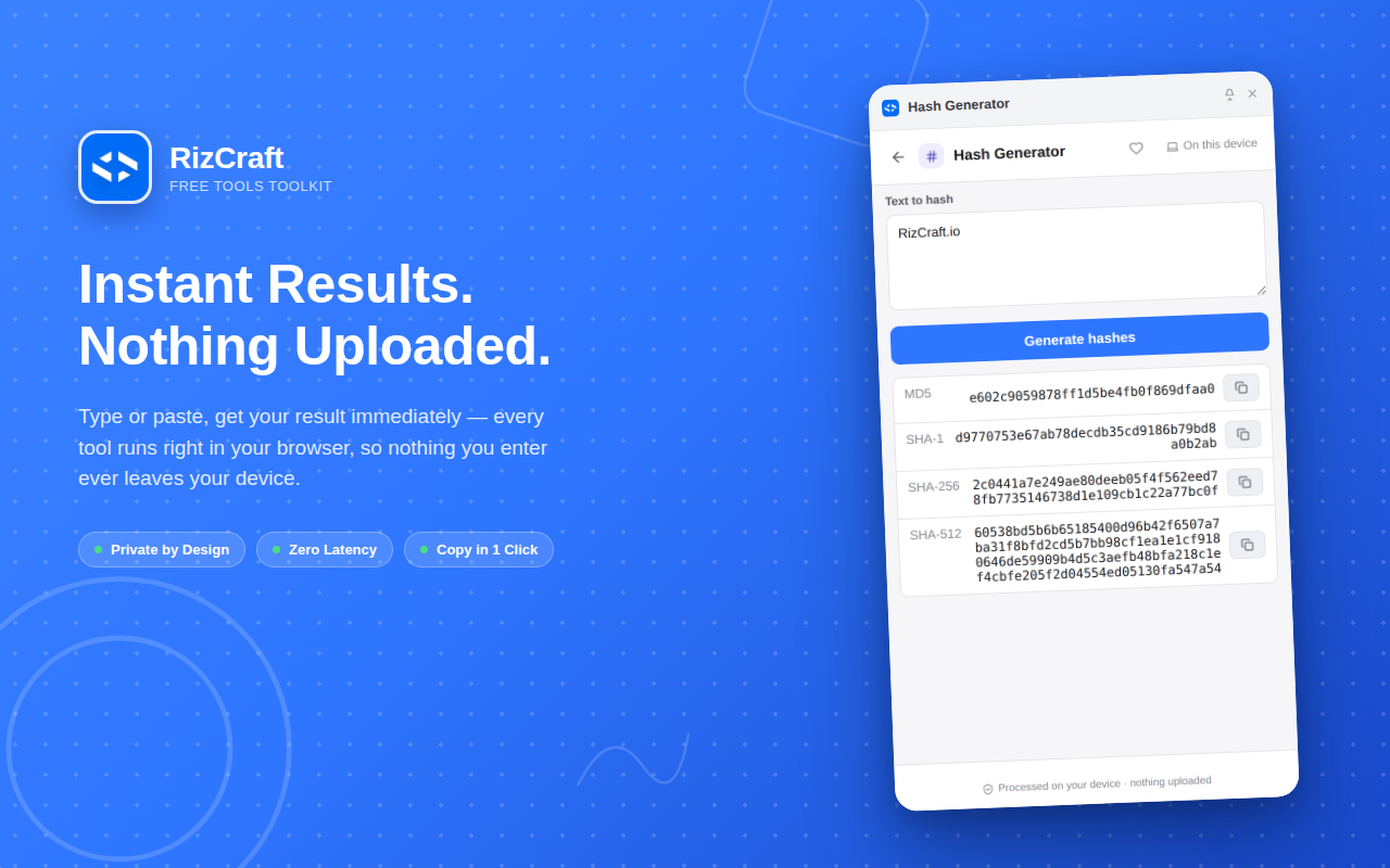 RizCraft Toolkit Hash Generator with instant results