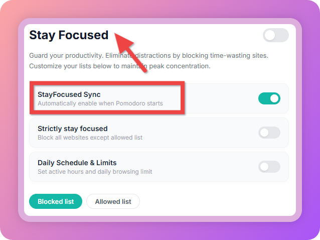 Screenshot editor example with a red arrow and rectangle highlighting the StayFocused Sync setting